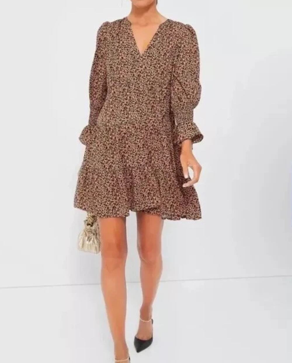 Pomander Place V-Neck Kenzo Tiered Dress in Leopard Print Size XS Going Out